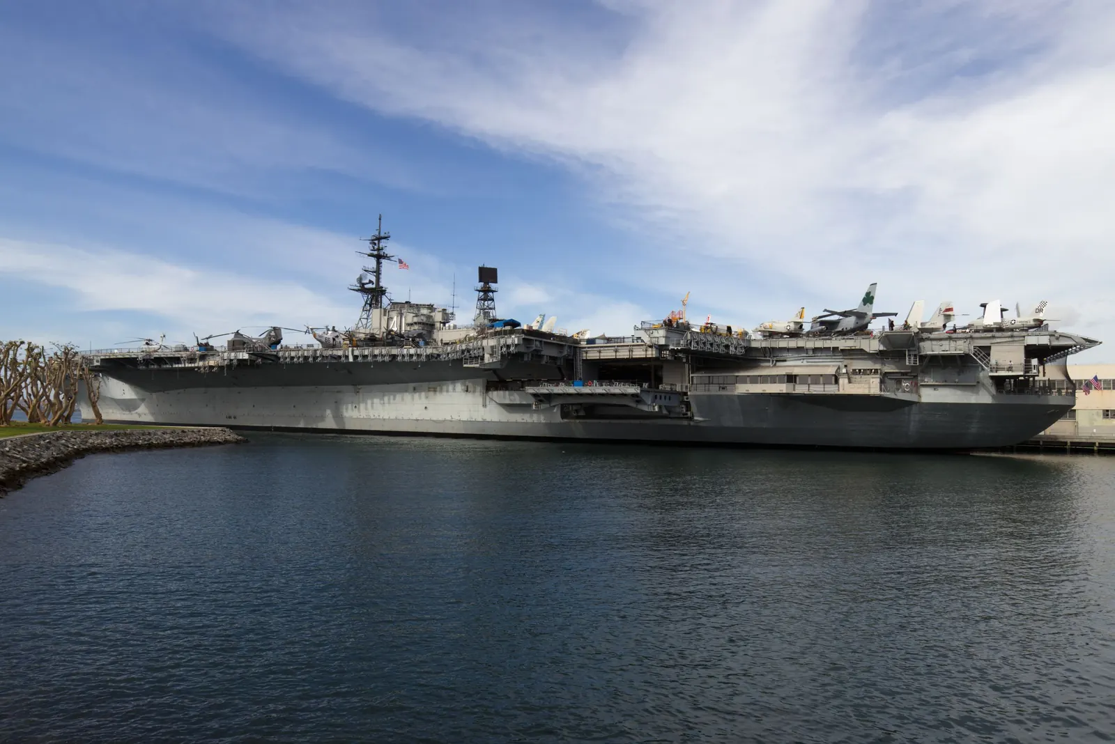 USS Midway, a United States Navy aircraft carrier, docked in San Diego harbor